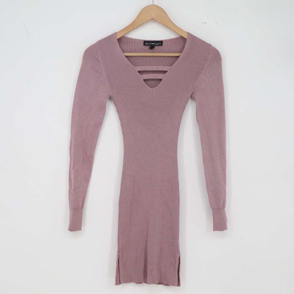 Derek Heart Dress Womens S Ribbed Knit Bodycon Mauve Strappy V-Neck Excellent